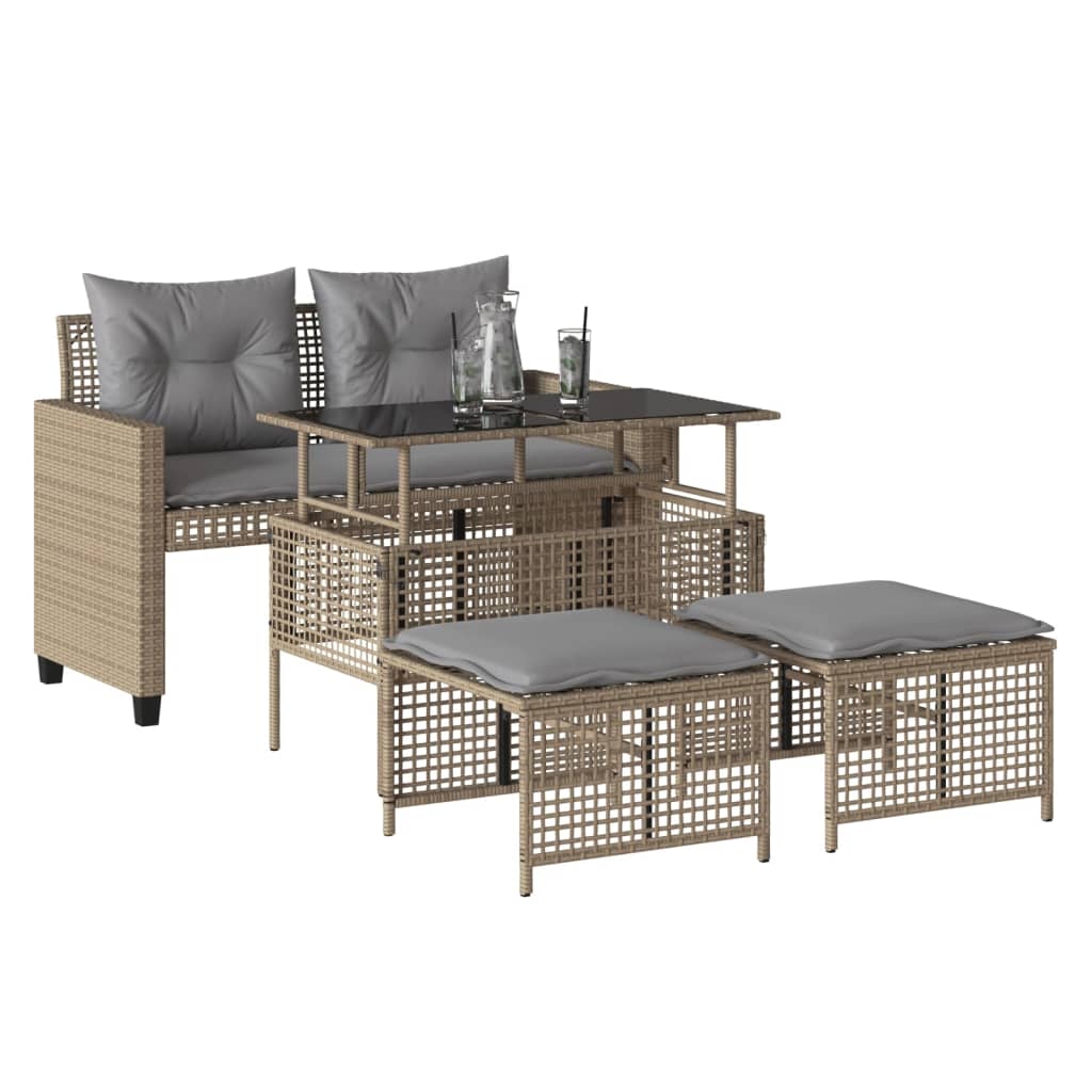4Pcs conj. de sofás para jardim c/almofadões vime PE/vidro bege