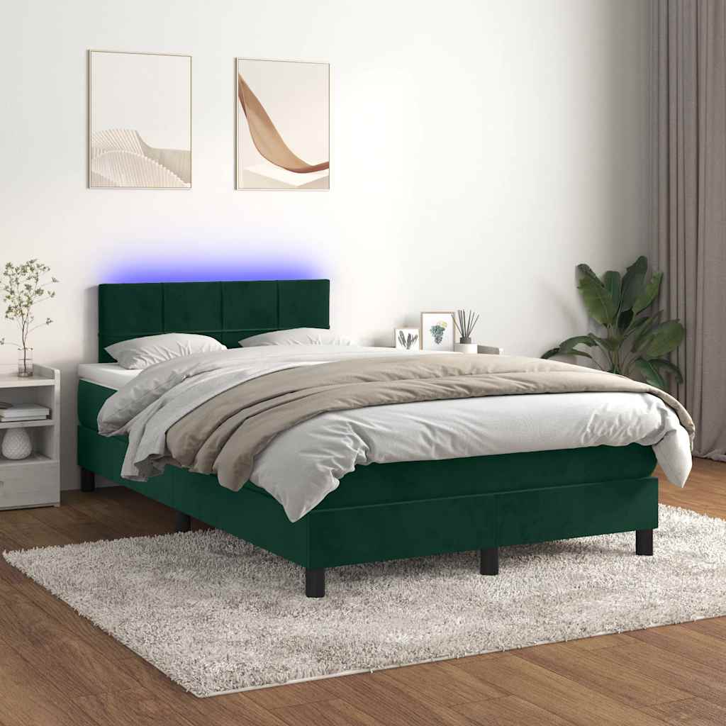 Cama box spring c/ colchão/LED 120x200 cm veludo verde-escuro
