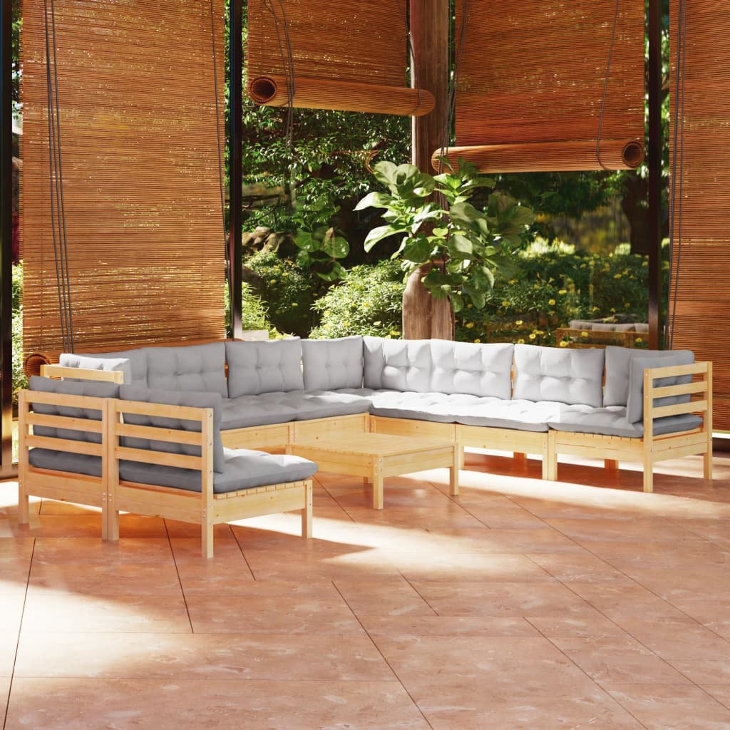 10Pcs conjunto lounge de jardim + almofadões cinza pinho maciço