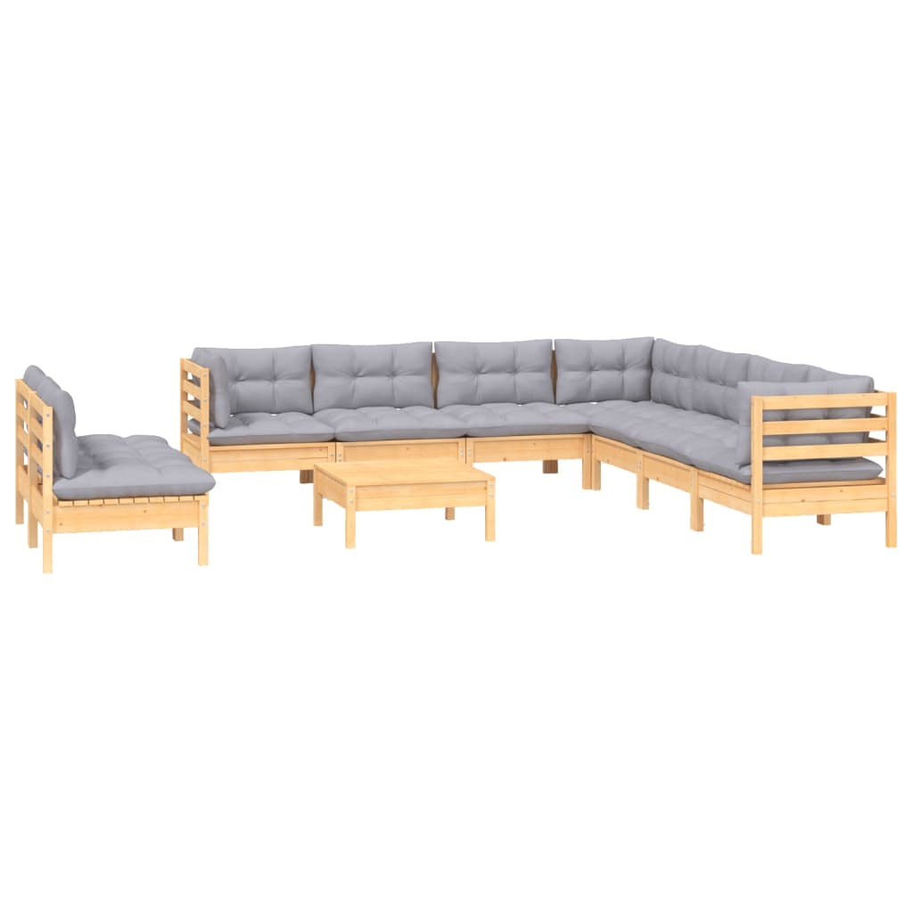 10Pcs conjunto lounge de jardim + almofadões cinza pinho maciço