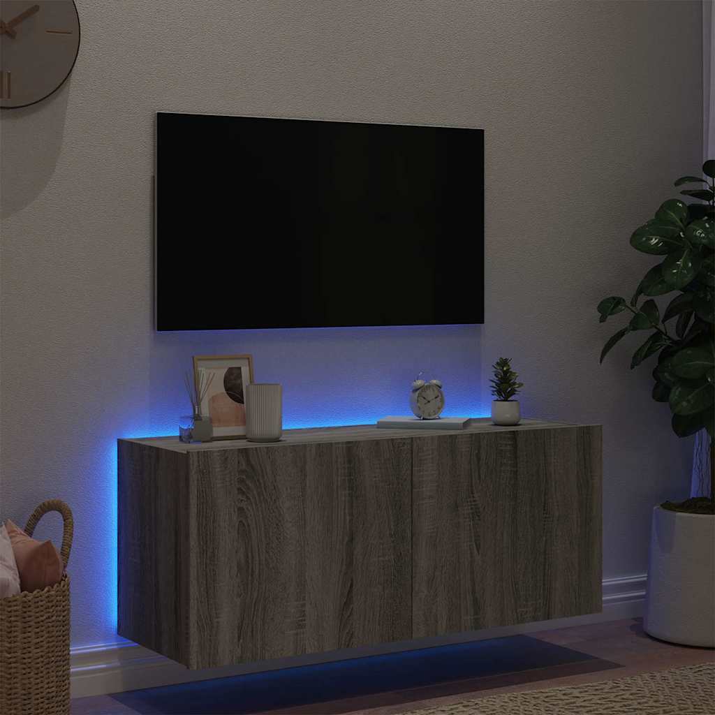 Móvel de parede p/ TV c/ luzes LED 100x35x41 cm cinzento sonoma