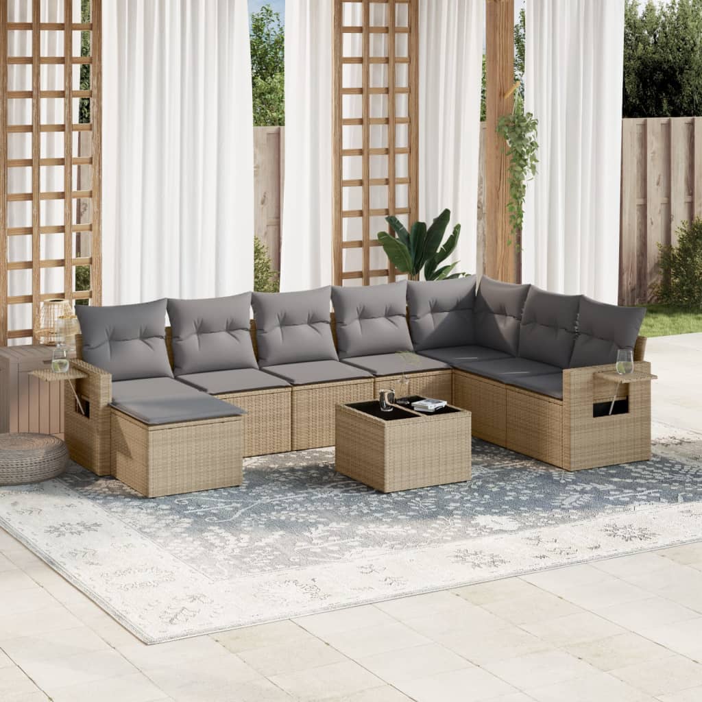 9 Pcs conjunto de sofás p/ jardim com almofadões vime PE bege
