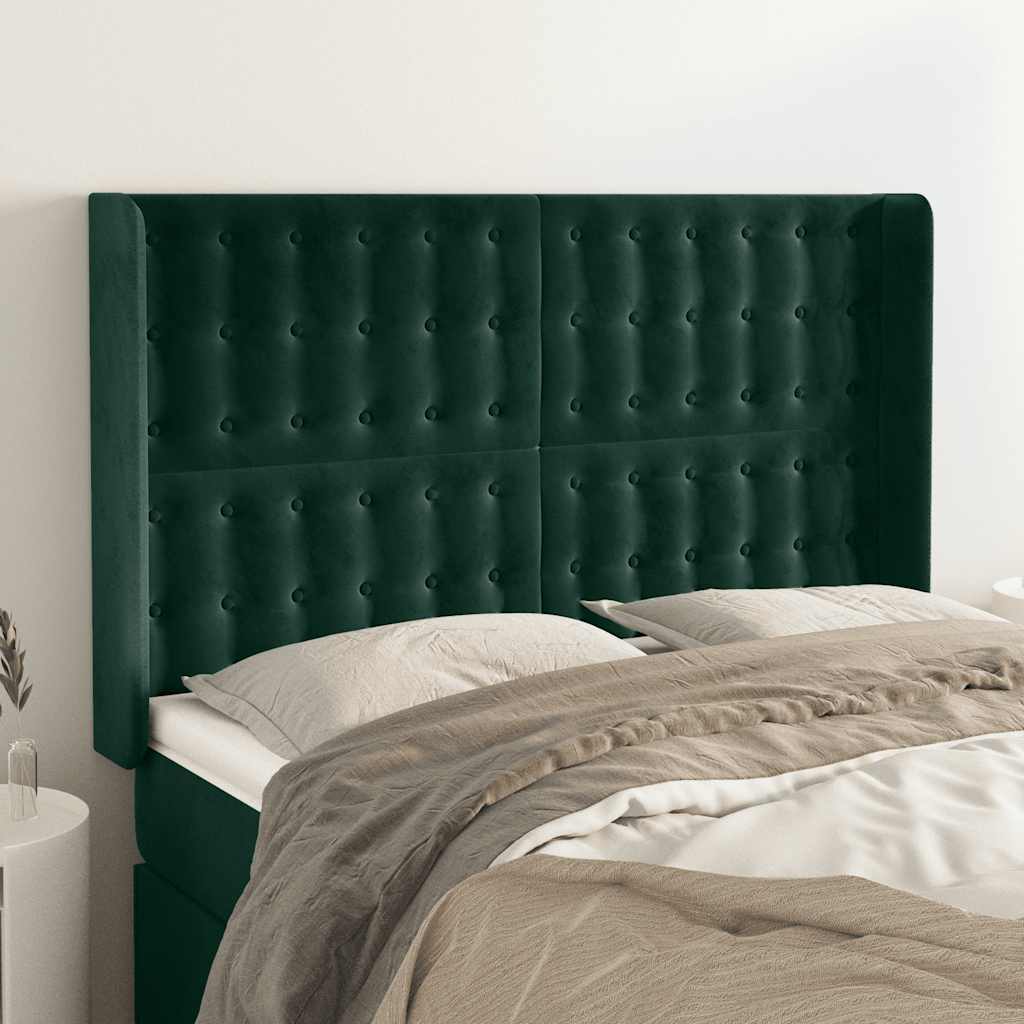 Cabeceira cama c/ abas veludo 147x16x118/128 cm verde-escuro