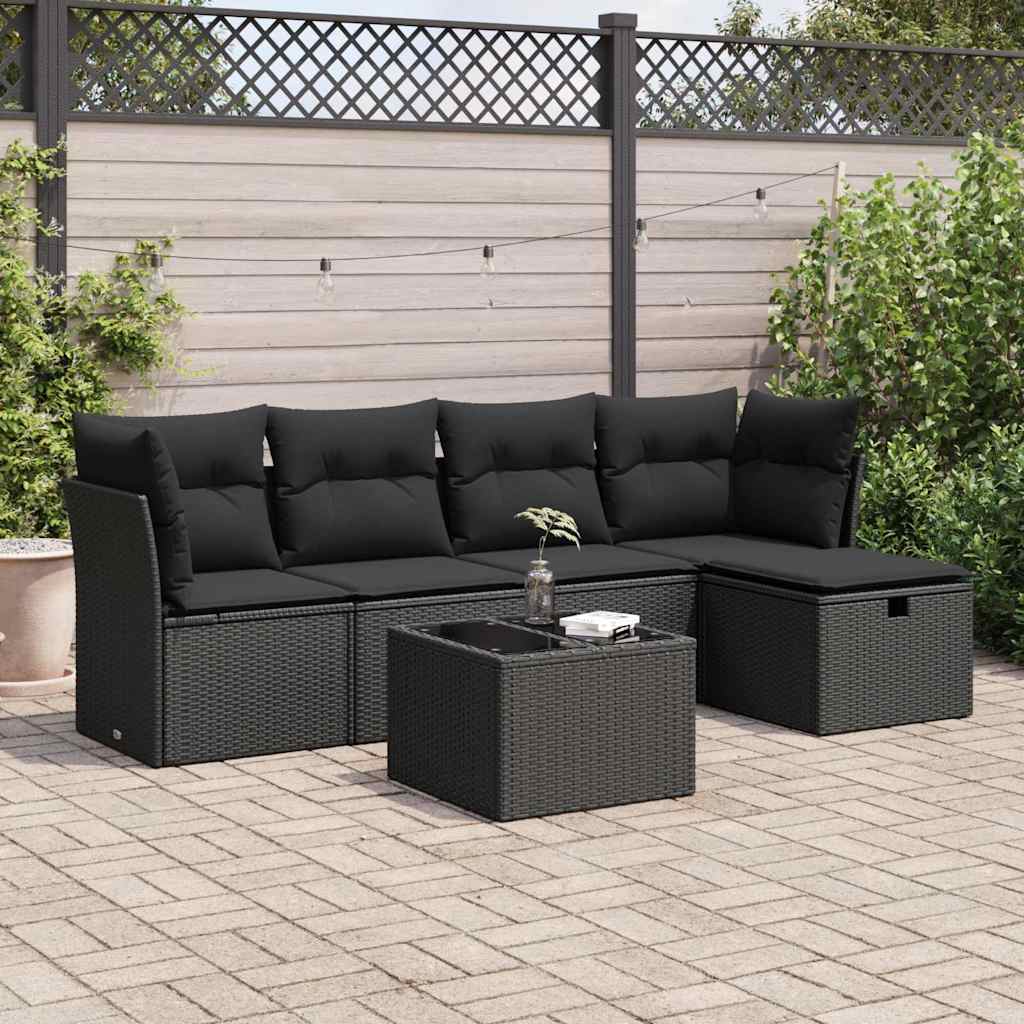 6 Pcs conjunto sofás de jardim c/ almofadões vime PE preto