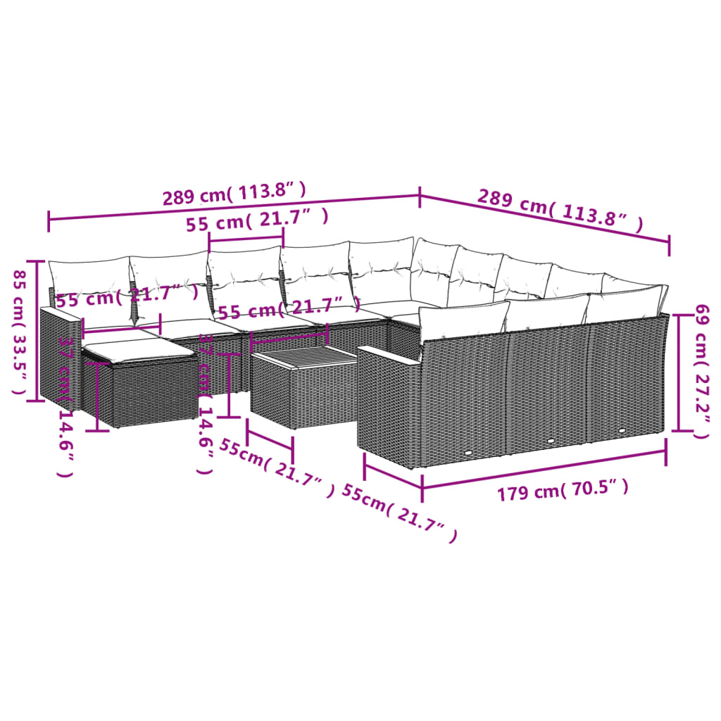 13 Pcs conjunto de sofás de jardim com almofadões vime PE preto