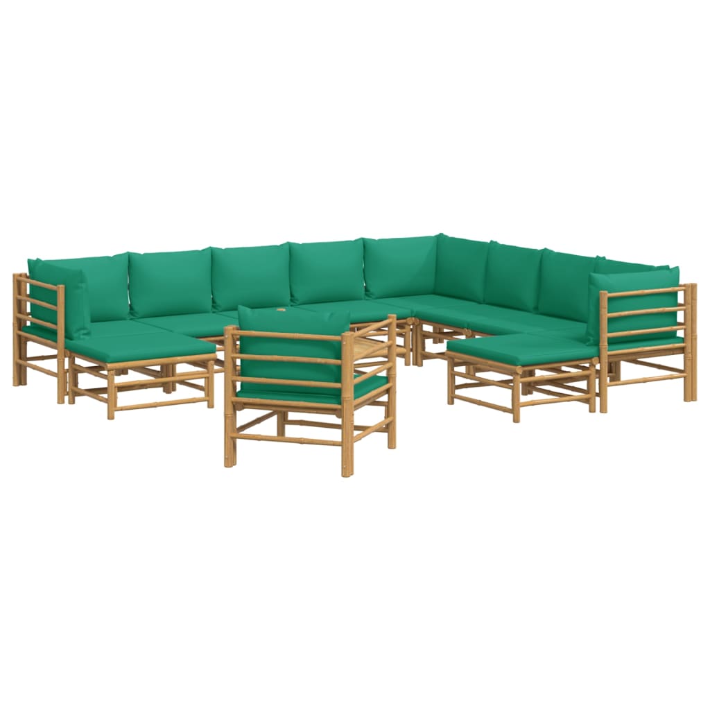 12 Pcs conjunto lounge de jardim bambu c/ almofadões verdes