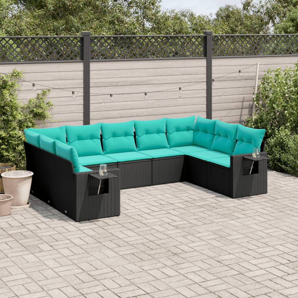 Conjunto de sofá de jardim de 9 peças com almofadas em rattan sintético preto