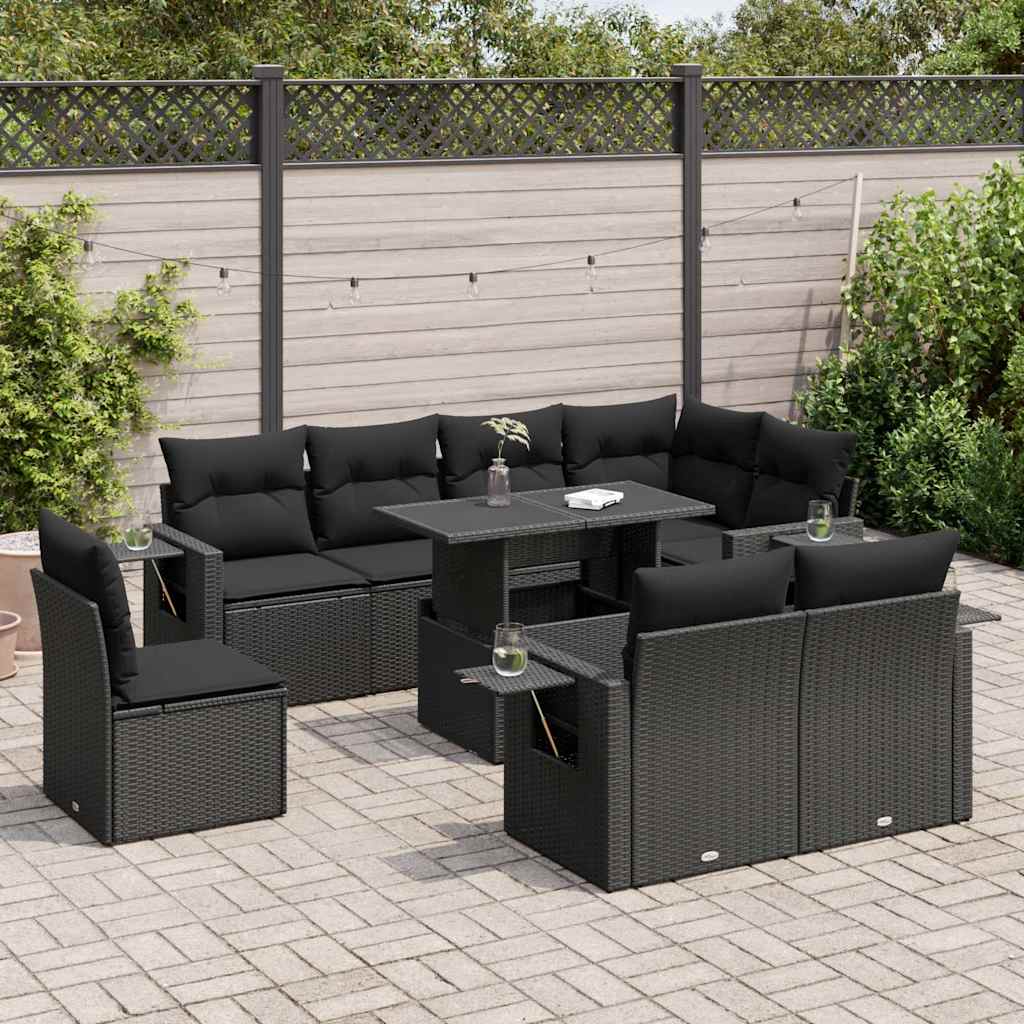 9 Pcs conjunto de sofás p/ jardim c/ almofadões vime PE preto
