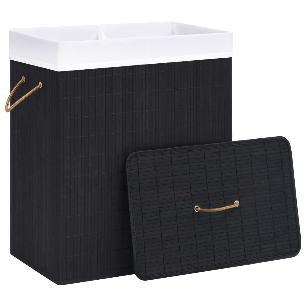 Cesto para roupa suja c/ 2 secções 100 l bambu preto