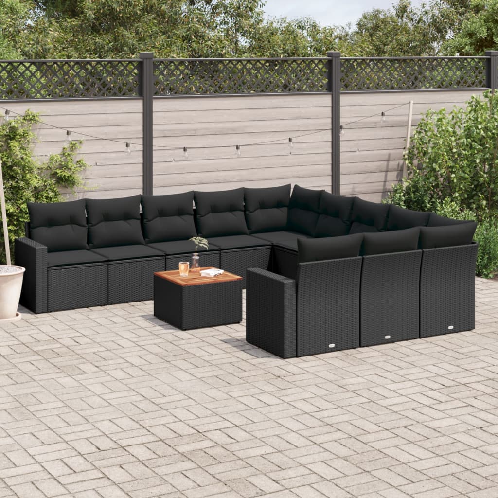12 Pcs conjunto de sofás de jardim c/ almofadões vime PE preto