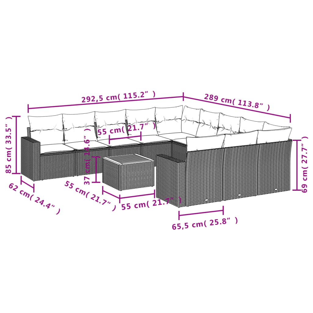 12 Pcs conjunto de sofás de jardim c/ almofadões vime PE preto