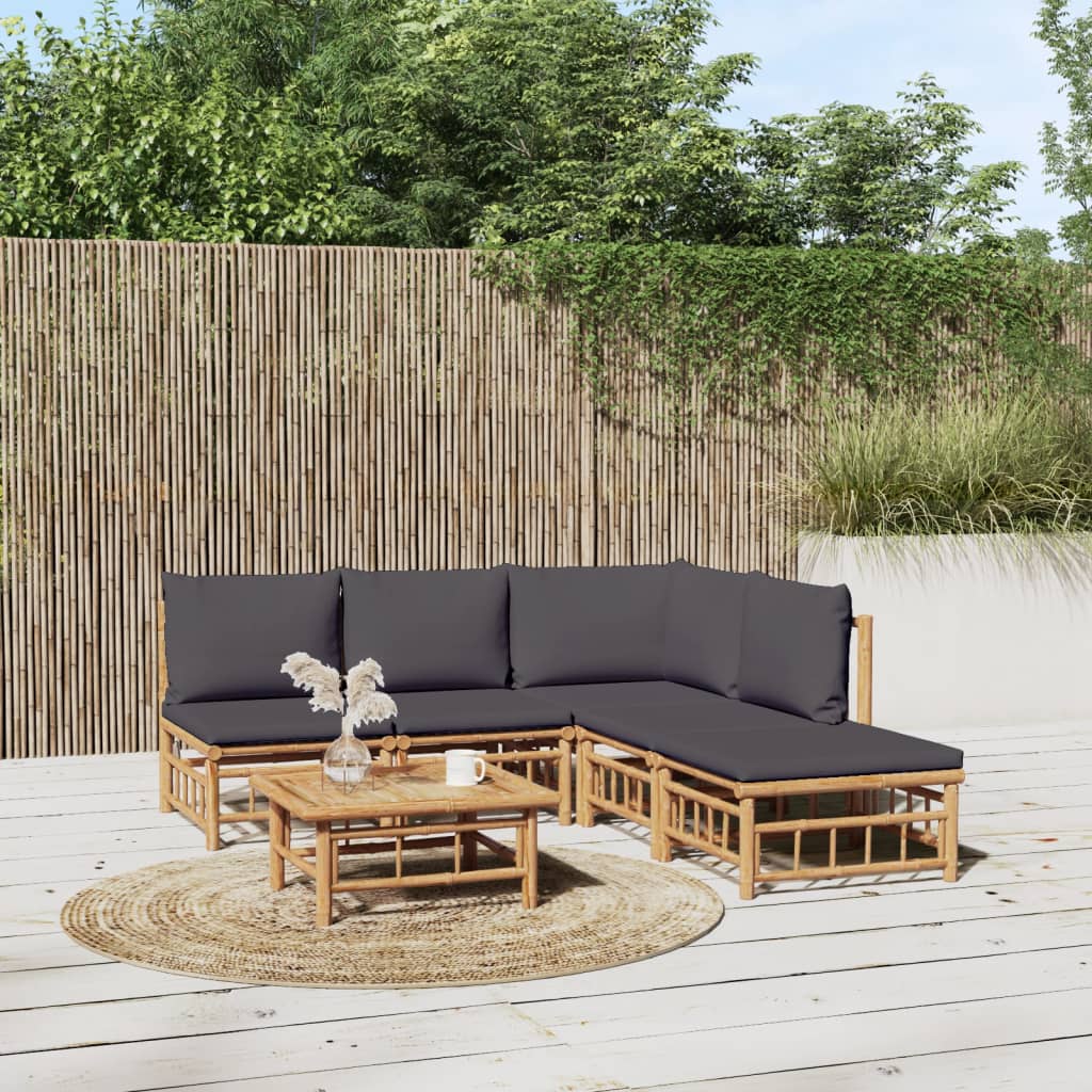 6 Pcs conjunto lounge jardim bambu c/ almofadões cinza-escuro