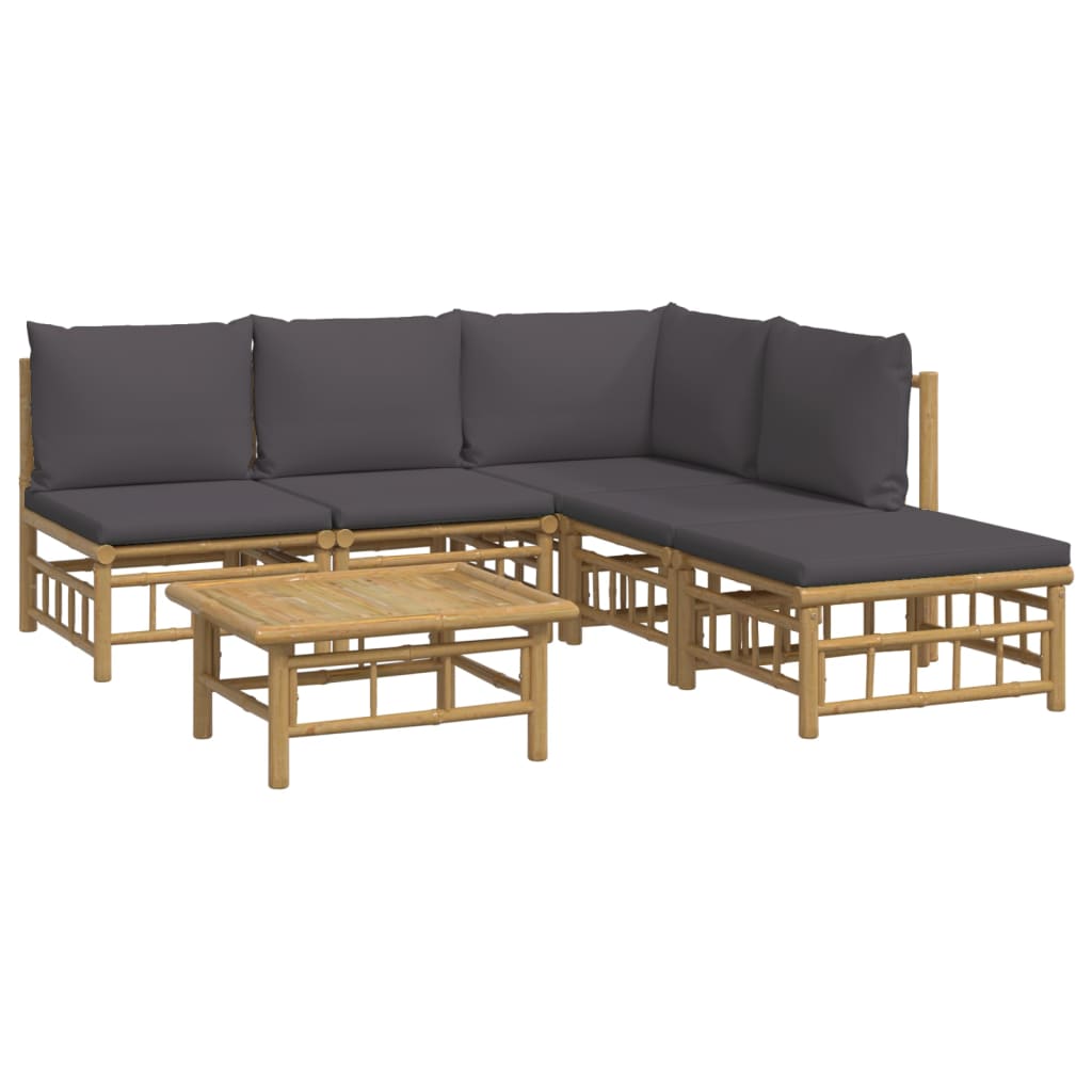 6 Pcs conjunto lounge jardim bambu c/ almofadões cinza-escuro