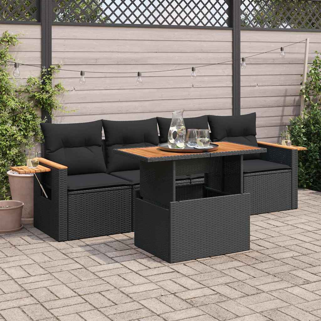 5 Pcs conjunto sofás de jardim com almofadões acácia e vime PE