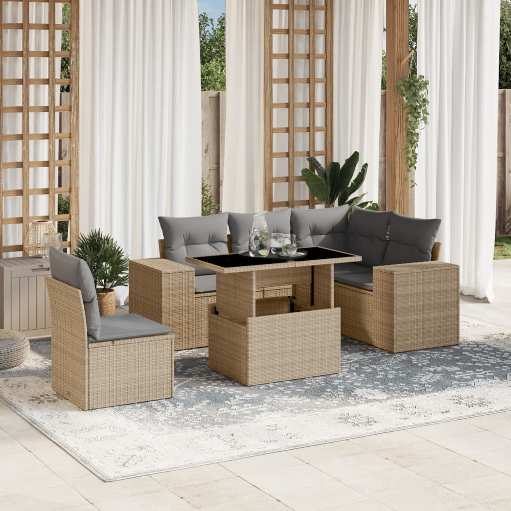 6 Pcs conjunto de sofás p/ jardim com almofadões vime PE bege