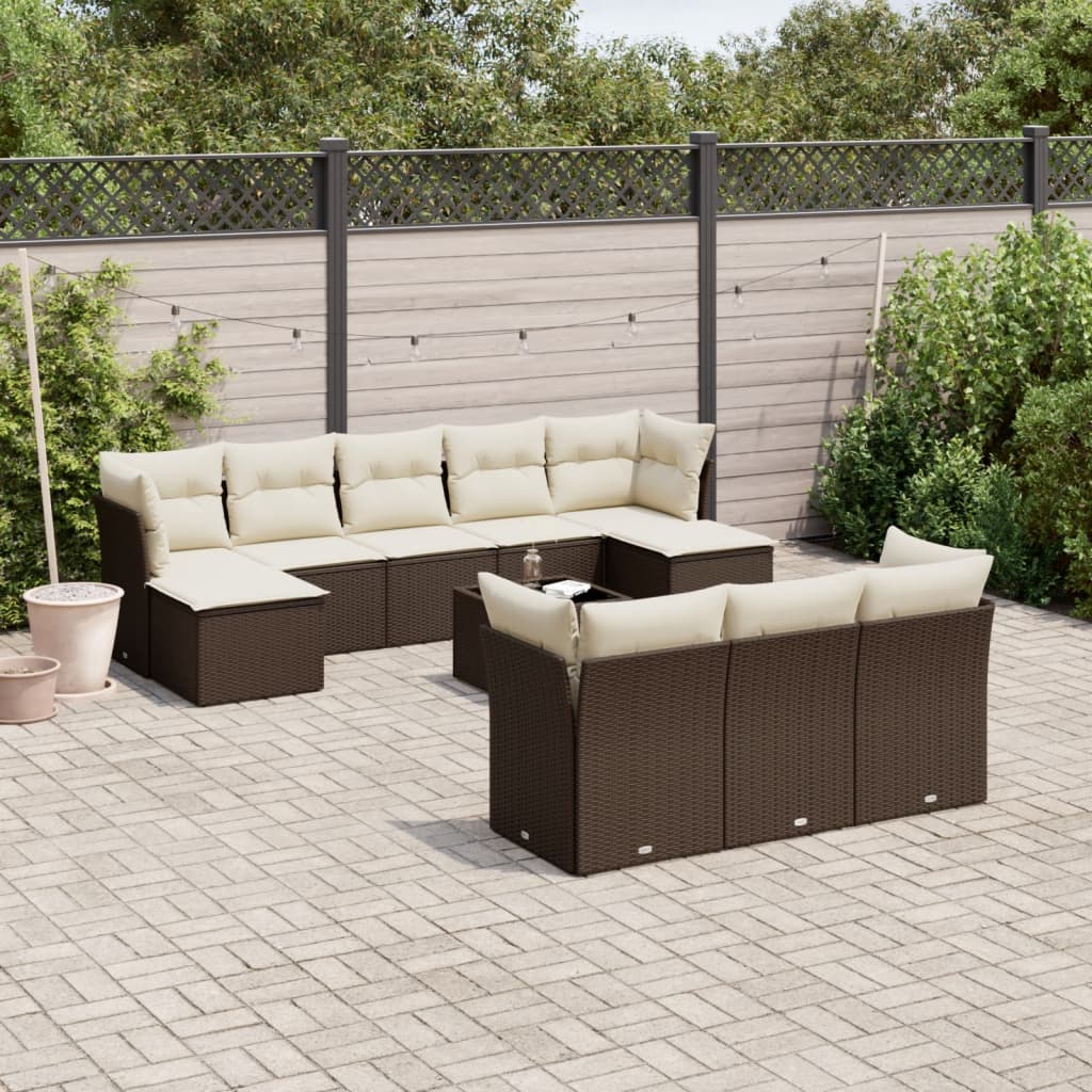 11 Pcs conjunto sofás de jardim c/ almofadões vime PE castanho