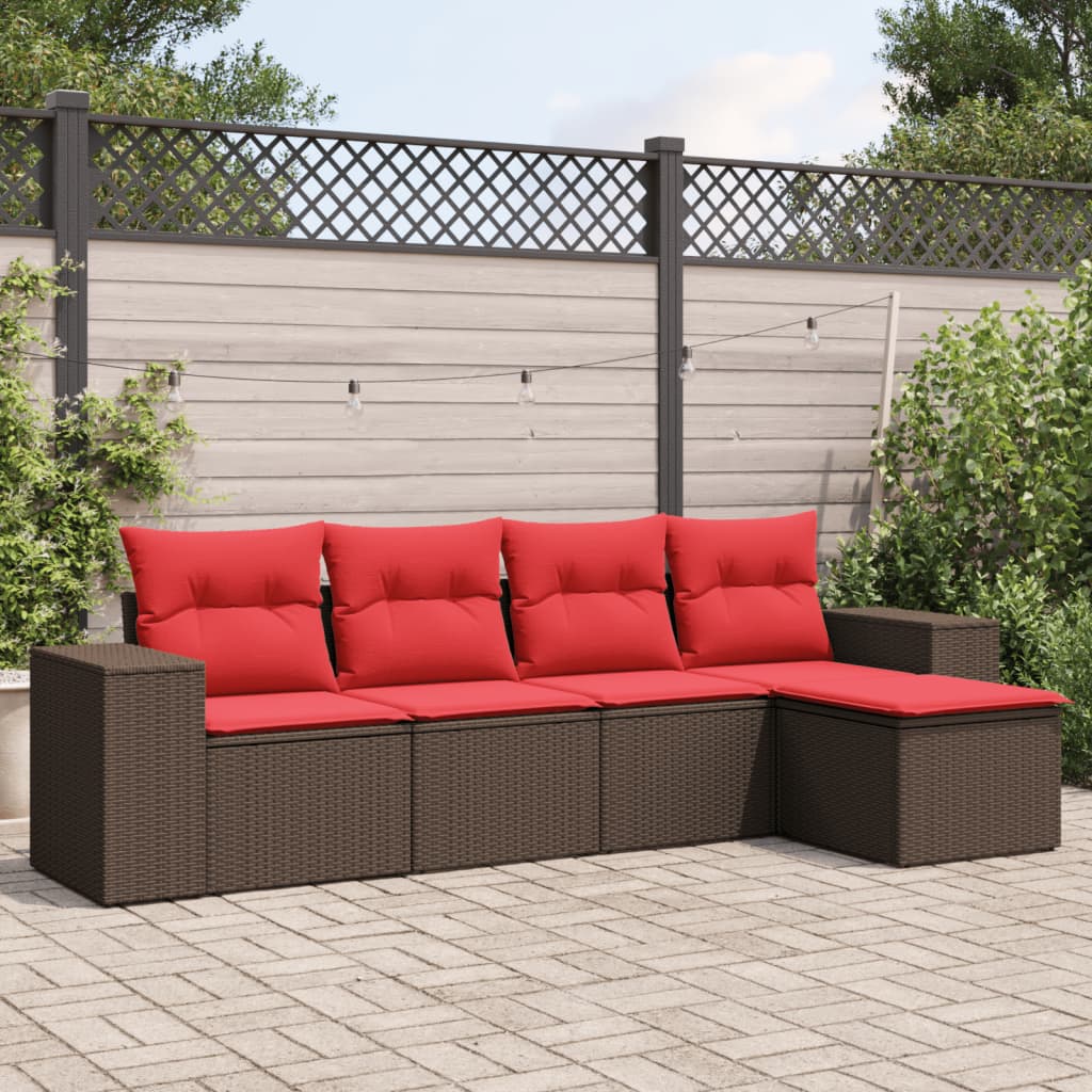 Conjunto de sofá de jardim de 5 peças com almofadas em rattan sintético marrom