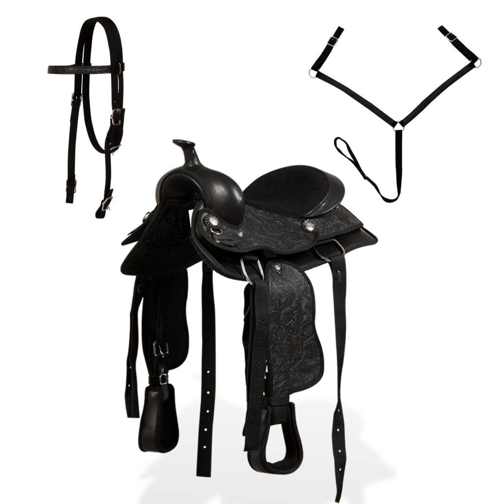 Sela western, cabresto e peitoral em couro genuíno 12" preto