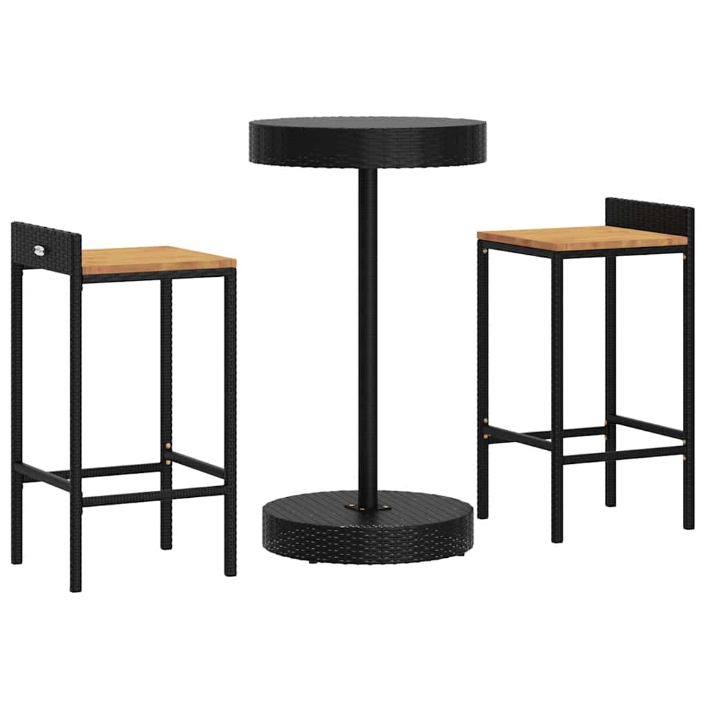 3 Pcs conjunto de bar p/ jardim vime PE/acácia maciça preto