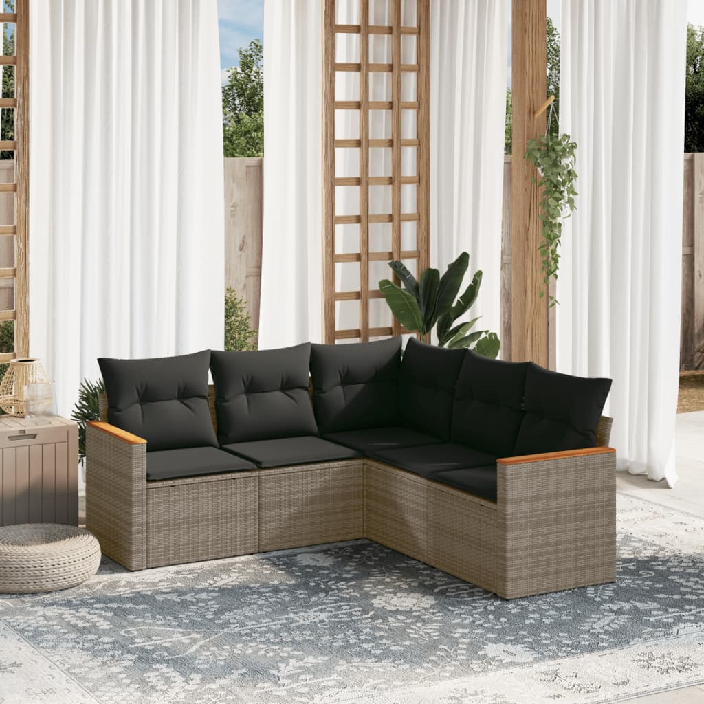 5 Pcs conjunto sofás de jardim c/ almofadões vime PE cinzento