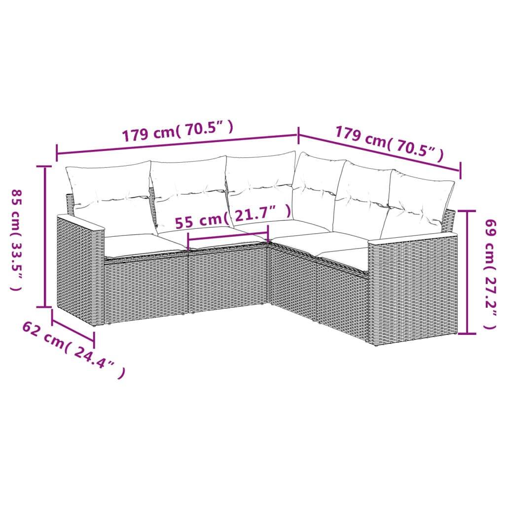 5 Pcs conjunto sofás de jardim c/ almofadões vime PE cinzento