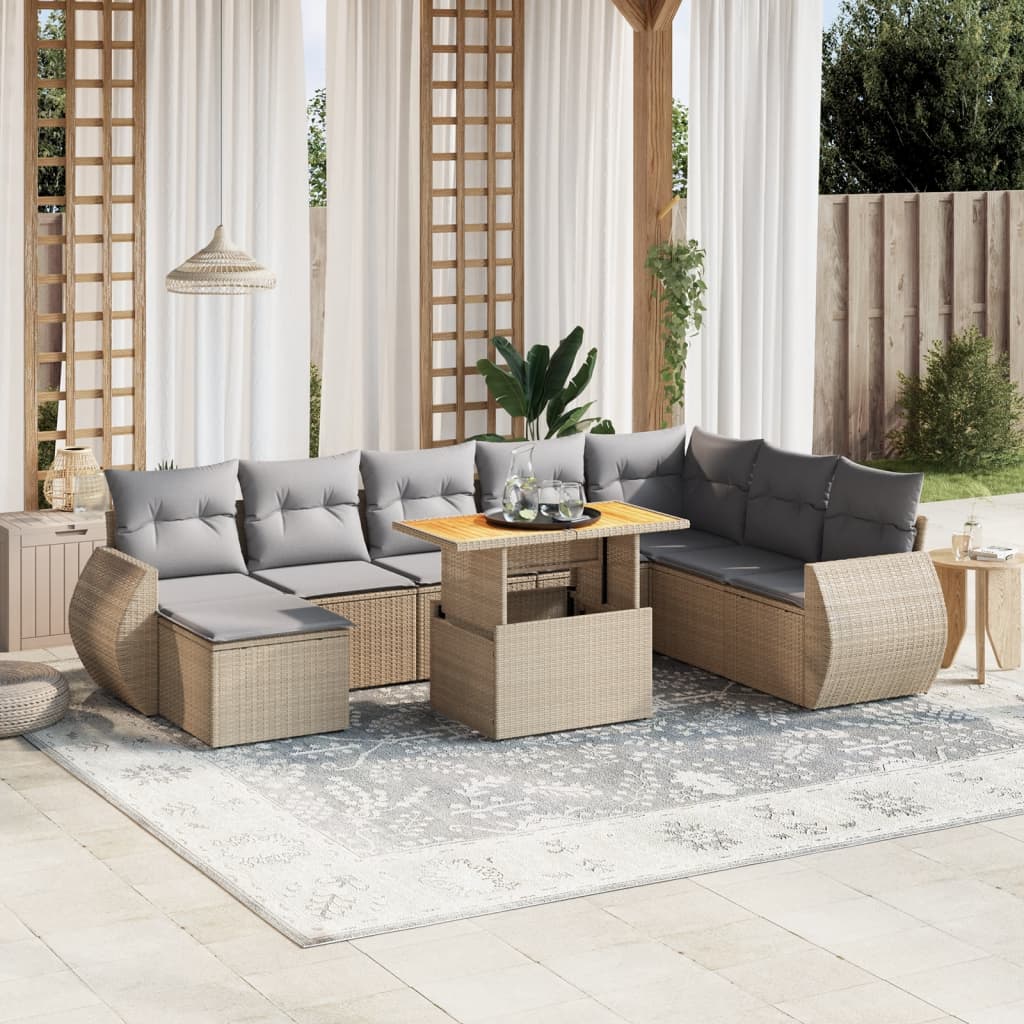 9 Pcs conjunto de sofás p/ jardim com almofadões vime PE bege
