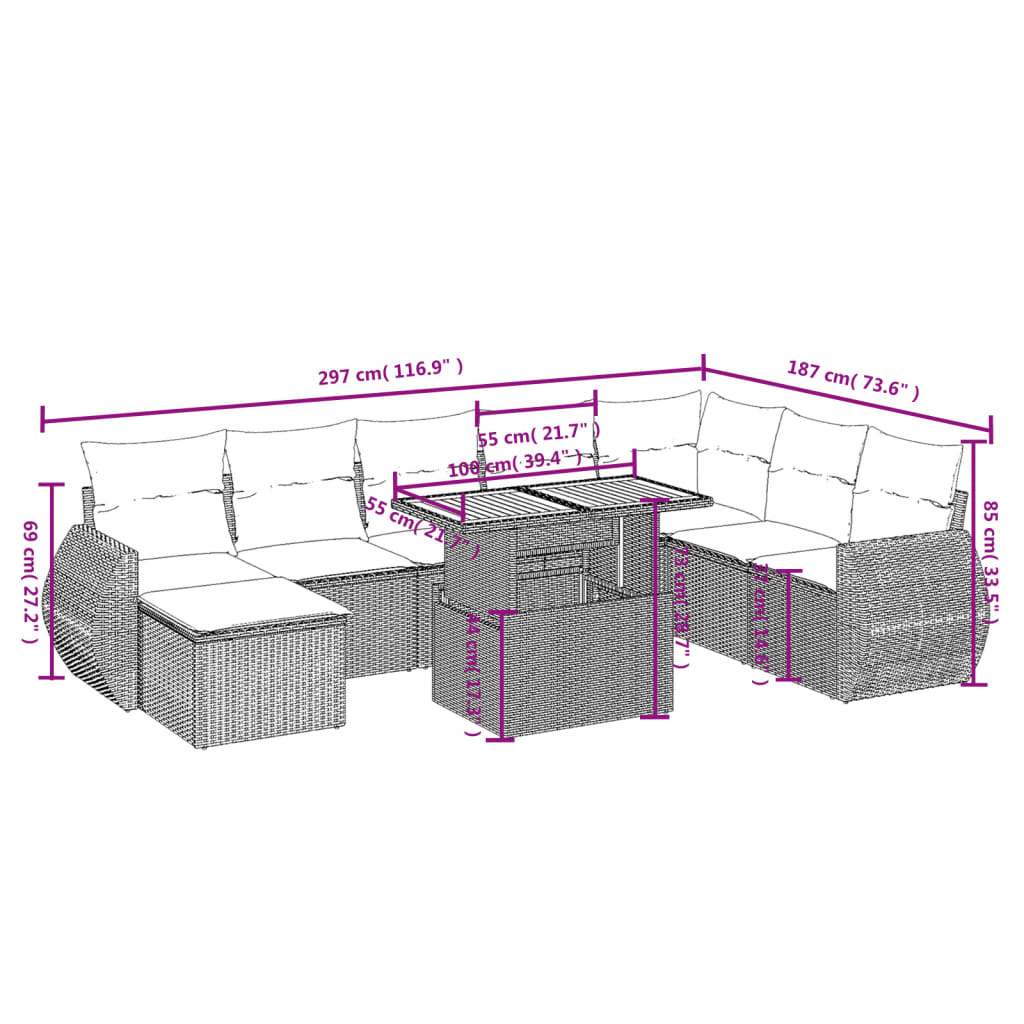 9 Pcs conjunto de sofás p/ jardim com almofadões vime PE bege
