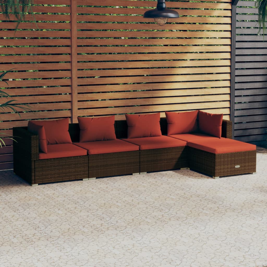 5 Pcs conjunto lounge jardim c/ almofadões vime PE castanho