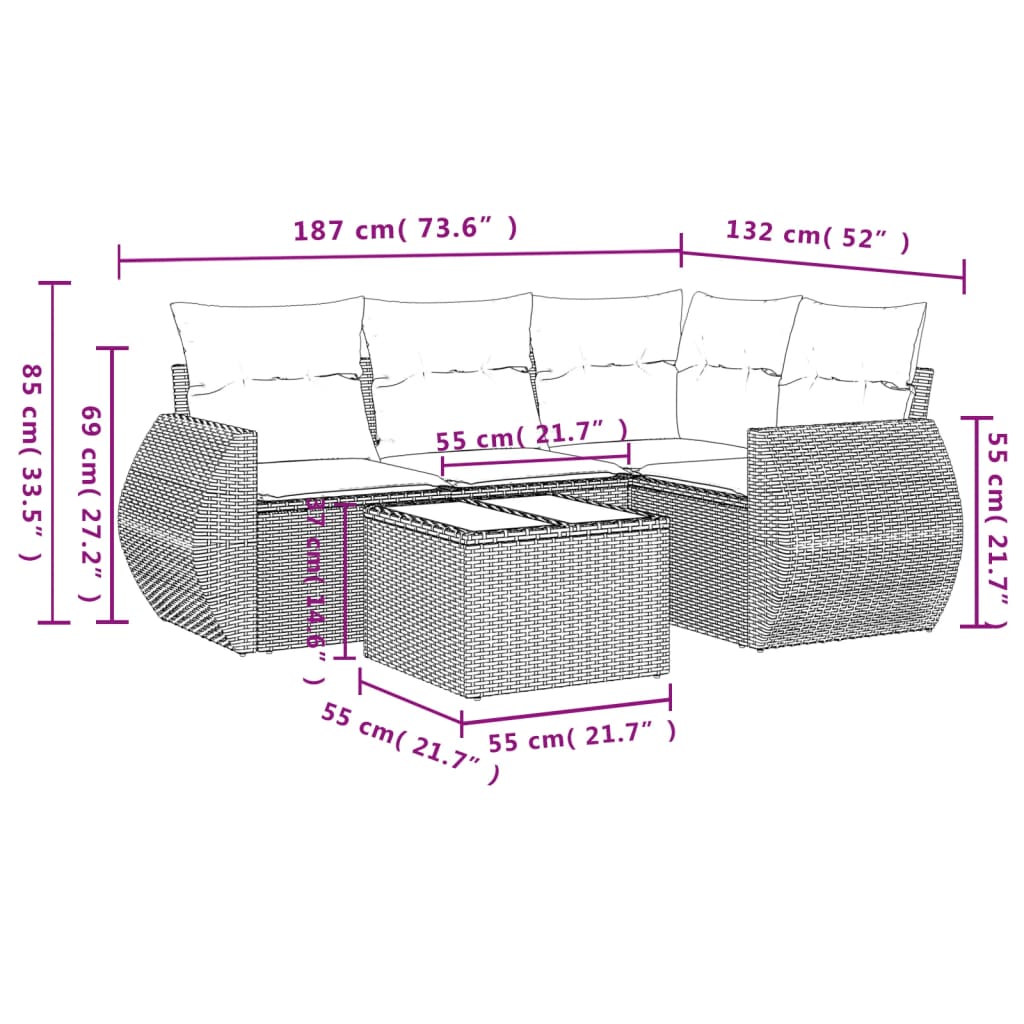 5 Pcs conjunto sofás de jardim com almofadões vime PE preto