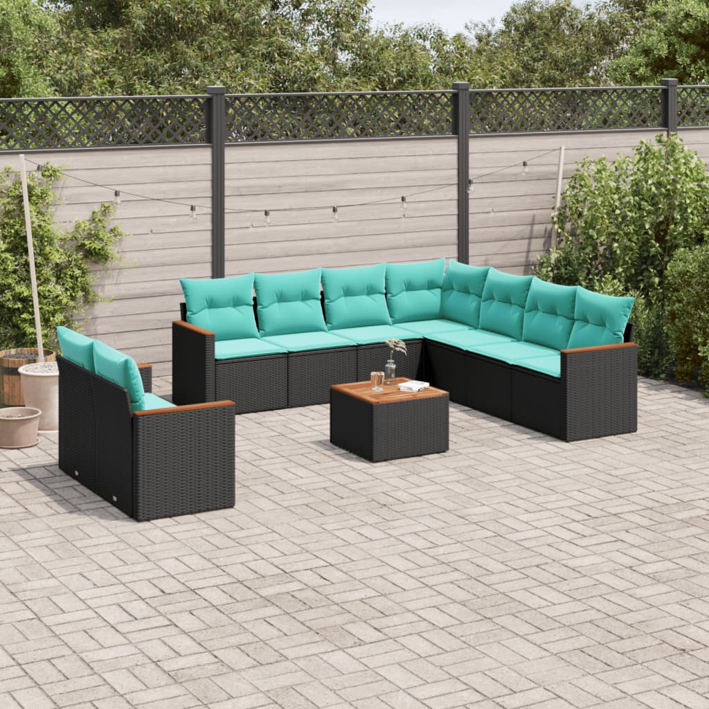 Conjunto de sofá de jardim com 10 peças e almofadas em rattan sintético preto