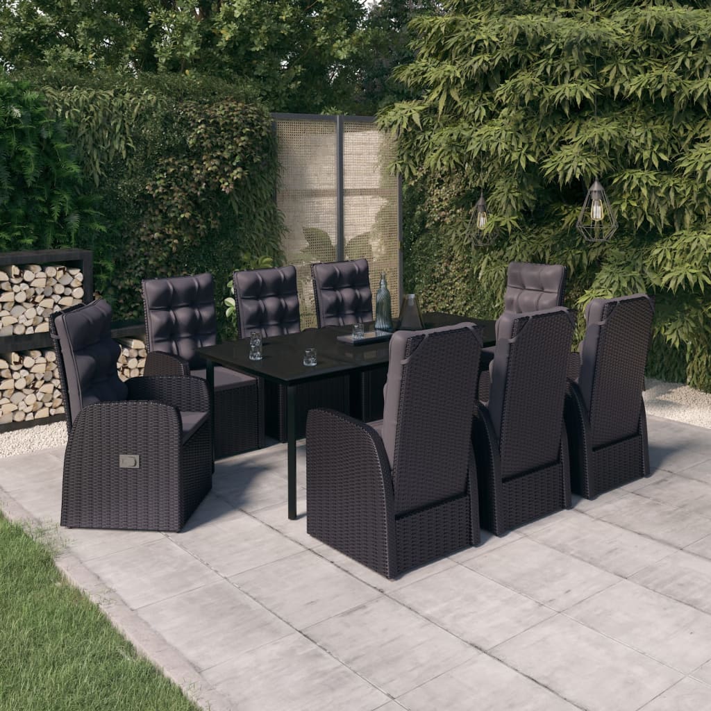 9 Pcs conjunto de jantar para jardim com almofadões preto