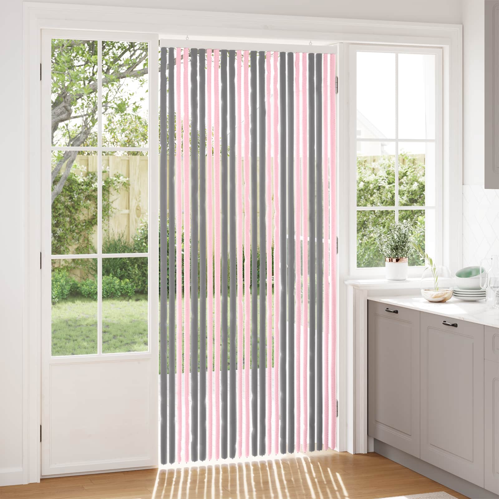Cortina de insetos chenille cinza prata e rosa 100 x 220 cm