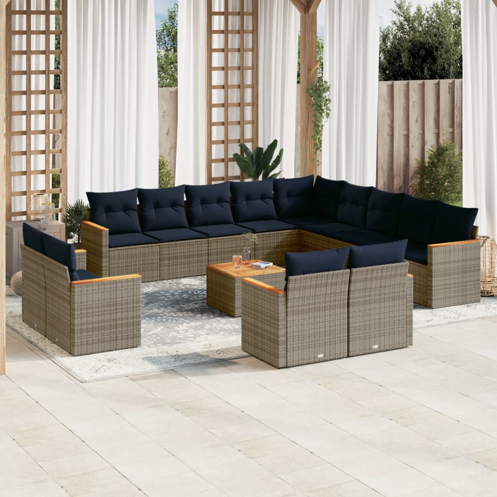 Conjunto de sofá de jardim com 14 peças e almofadas em rattan sintético cinza