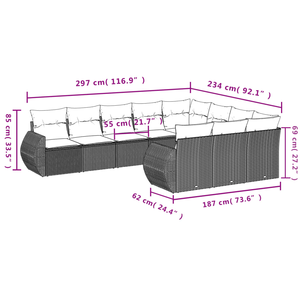 10 Pcs conjunto sofás de jardim c/ almofadões vime PE cinzento