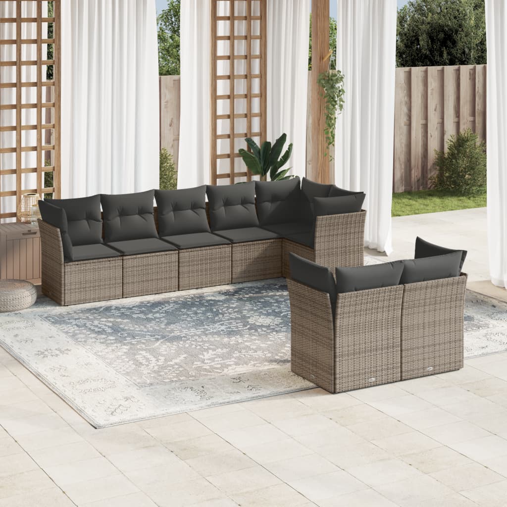 8 Pcs conjunto sofás de jardim c/ almofadões vime PE cinzento