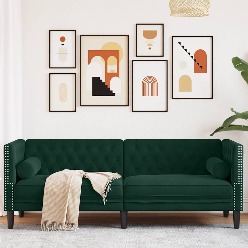 Sofá chesterfield com rolos 3 lugares veludo verde-escuro