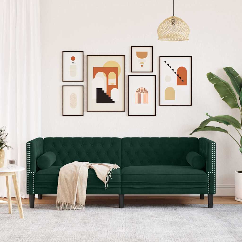 Sofá chesterfield com rolos 3 lugares veludo verde-escuro