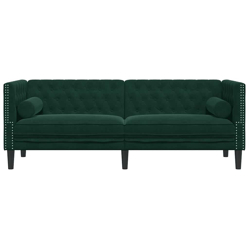 Sofá chesterfield com rolos 3 lugares veludo verde-escuro