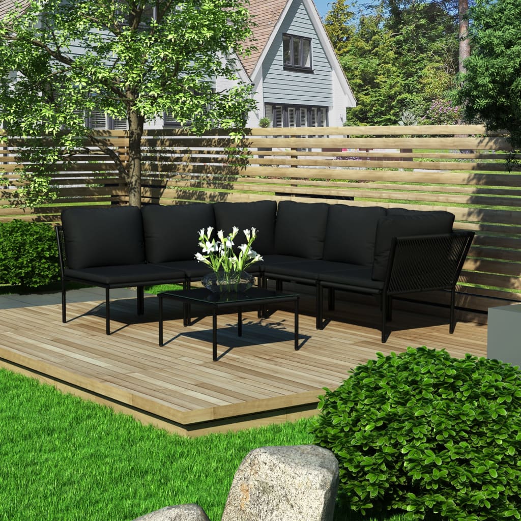 6 Pcs conjunto lounge de jardim c/ almofadões PVC preto