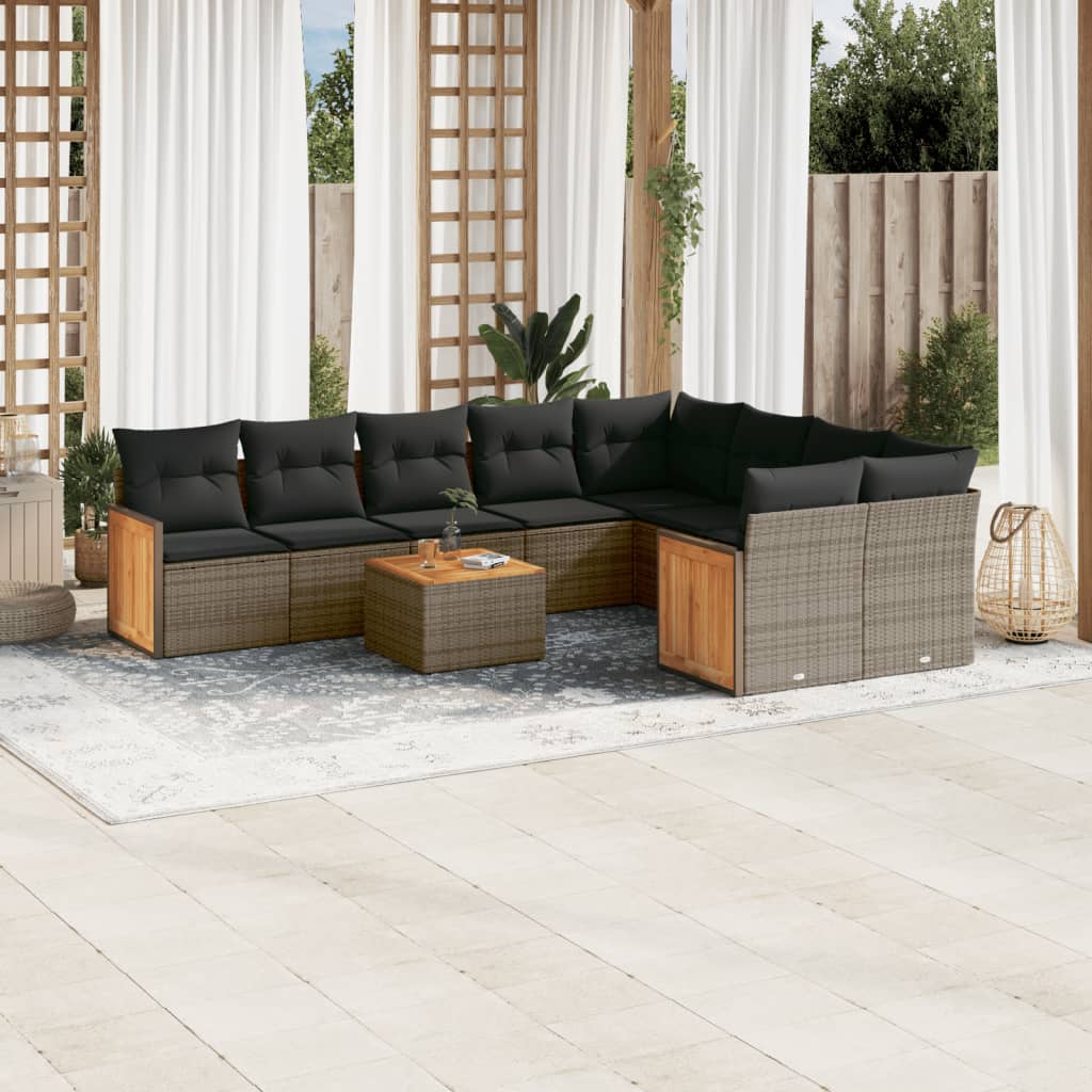10 Pcs conjunto sofás de jardim c/ almofadões vime PE cinzento