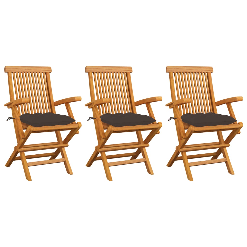 Cadeiras de jardim c/ almofadões cinza-acast. 3 pcs teca maciça