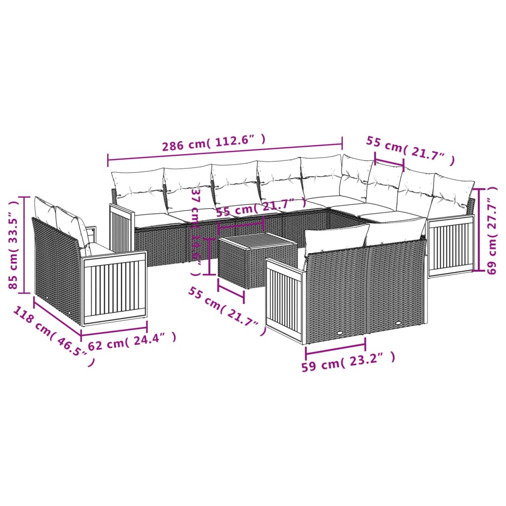 13 Pcs conjunto de sofás p/ jardim com almofadões vime PE bege