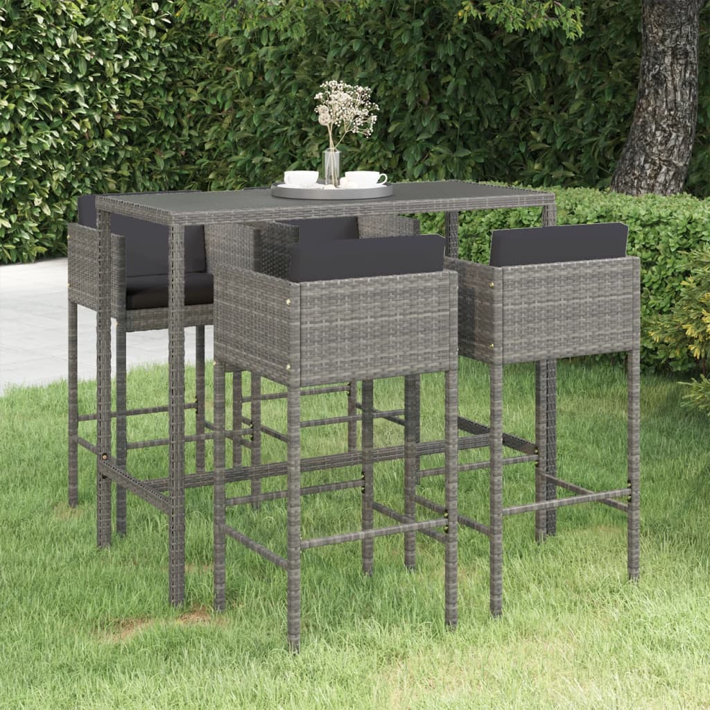 5 Pcs conjunto de bar p/ jardim c/ almofadões vime PE cinzento
