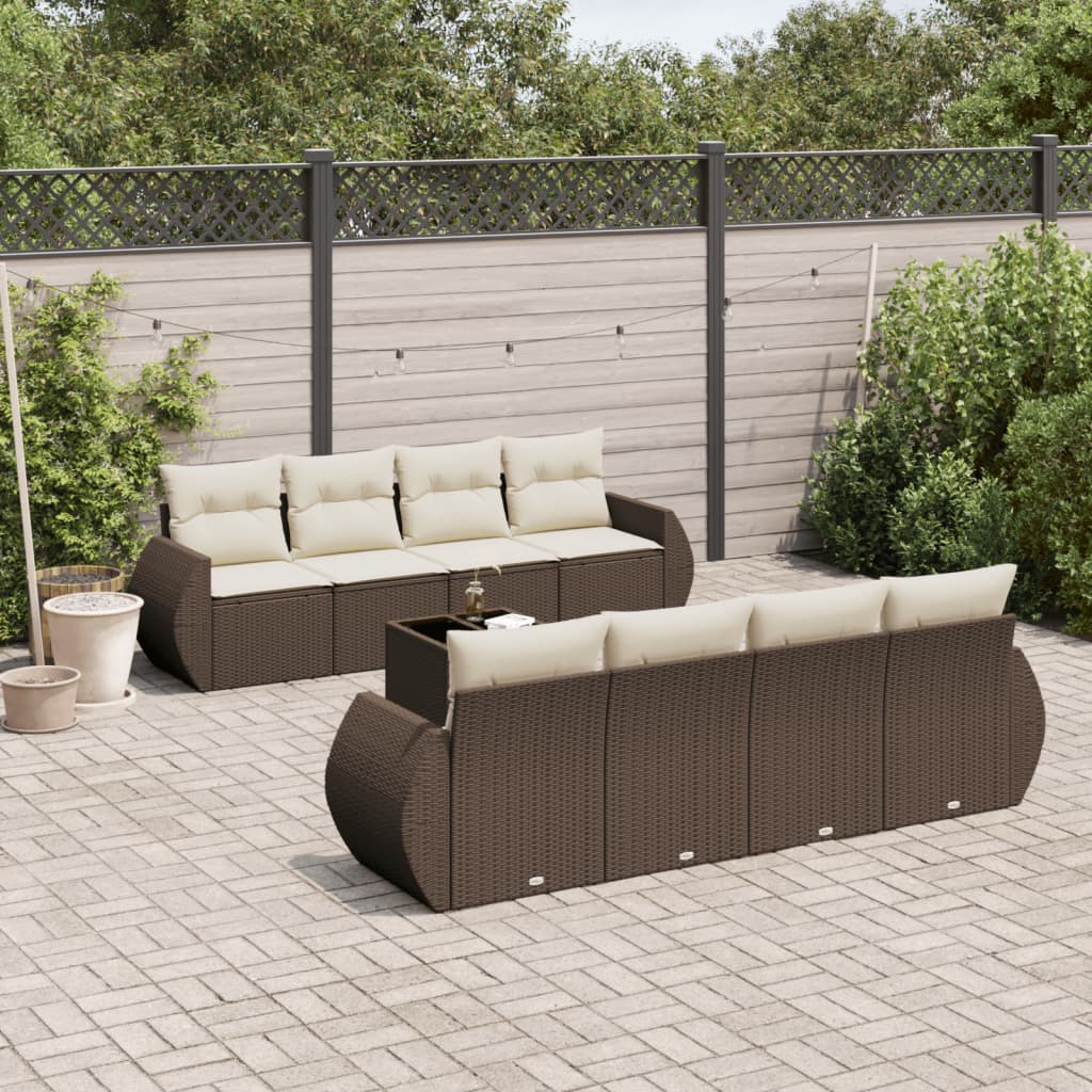 9 Pcs conjunto sofás p/ jardim c/ almofadões vime PE castanho