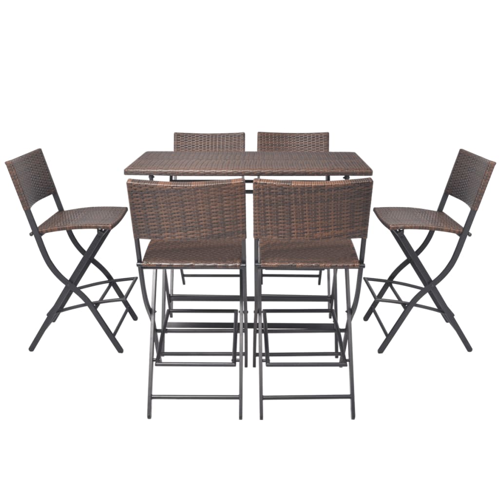 7 Pcs conjunto de jantar dobrável jardim aço e vime PE castanho