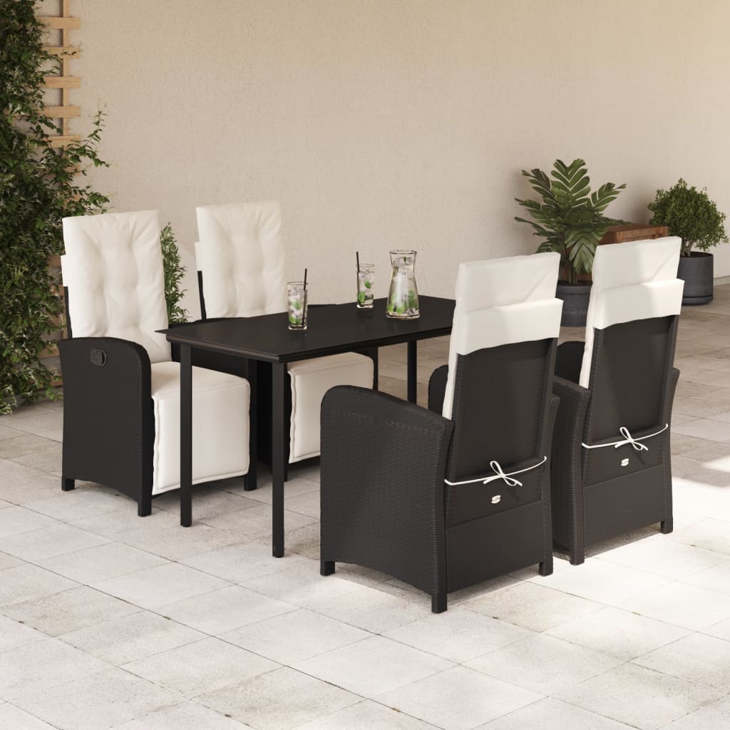 5 Pcs conjunto de jantar p/ jardim c/ almofadões vime PE preto