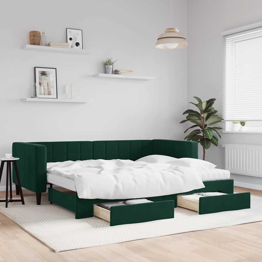 Sofá-cama c/ gavetão e gavetas 90x200 cm veludo verde-escuro
