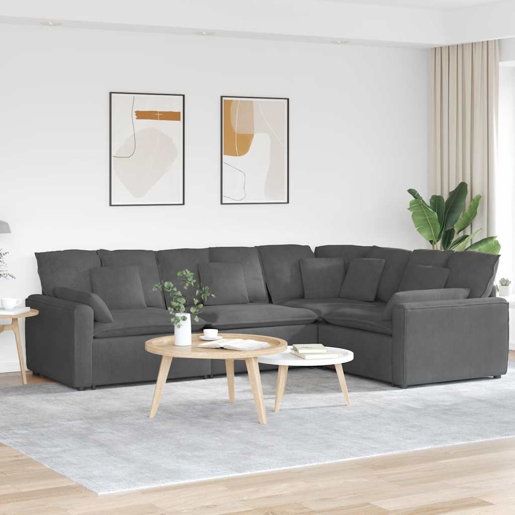 Sofá modular com almofadas em tecido de veludo cotelê cinza escuro