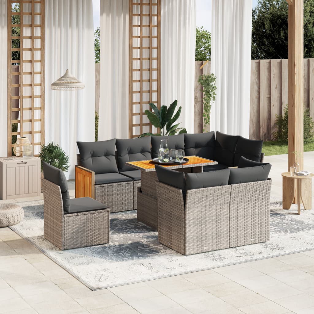 9 Pcs conjunto sofás p/ jardim com almofadões vime PE cinzento
