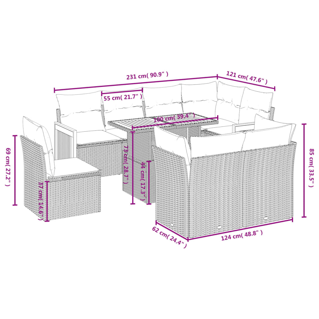 9 Pcs conjunto sofás p/ jardim com almofadões vime PE cinzento